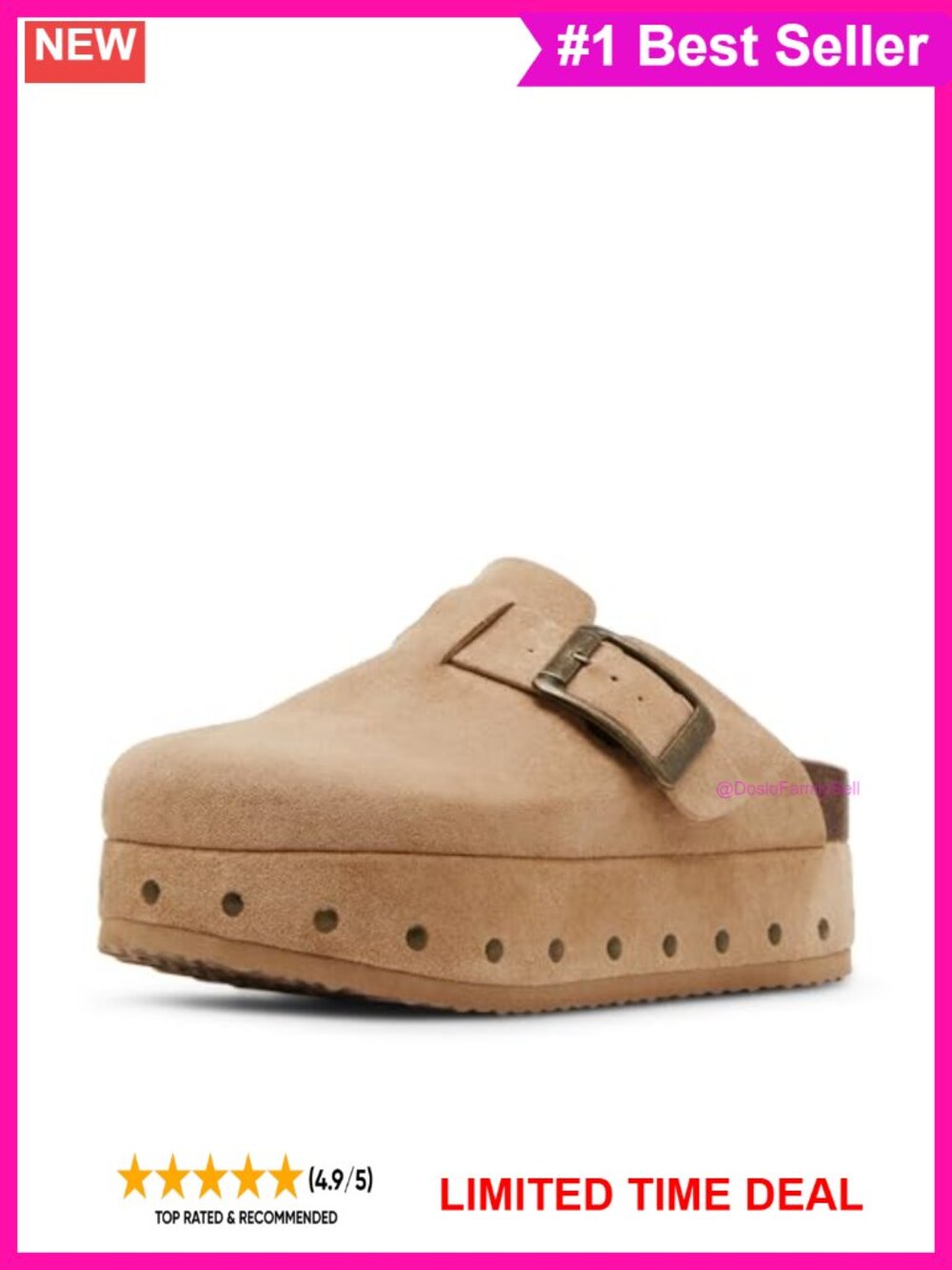 Platform Clog with Buckle Detail, Faux Suede, Pull-On, Round Toe, Lightweight,